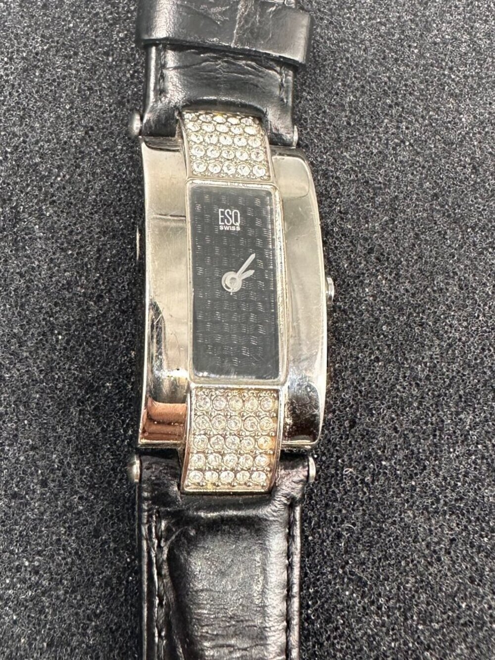 ESQ Watch Women Silver Tone Crystal Accents Black Leather Band New Battery